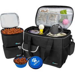 PetAmi Сумка-органайзер для собак та котів, дорожня сумка для годування з контейнерами та мисками, аксесуари для подорожей, подарунок для кемпінгу, сумка для переодягання (середня) - 14.5L x 8W x 12H, Чорний