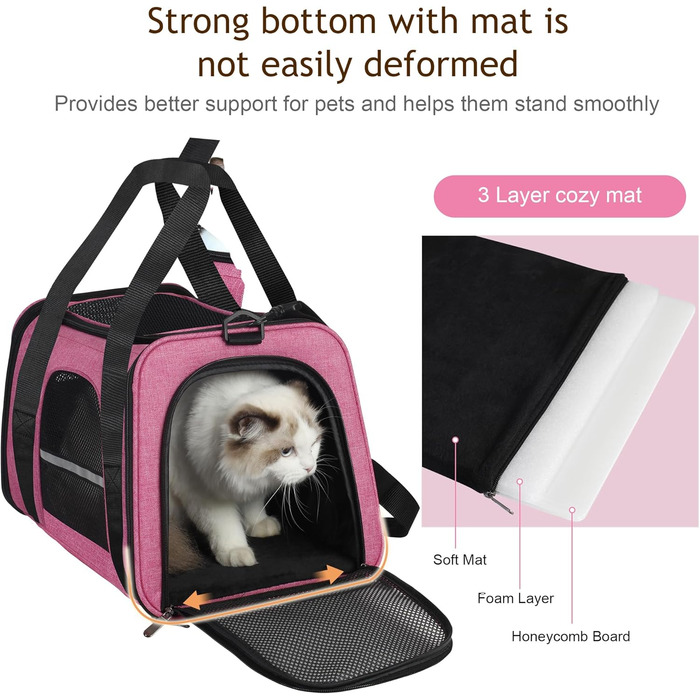 Транспортна сумка для котів HiCaptain, складана, з плечовим ременем, м'яко стьобана, переноска для маленьких собак/щенят до 7 кг (рожева), 46 x 29 x 30 см