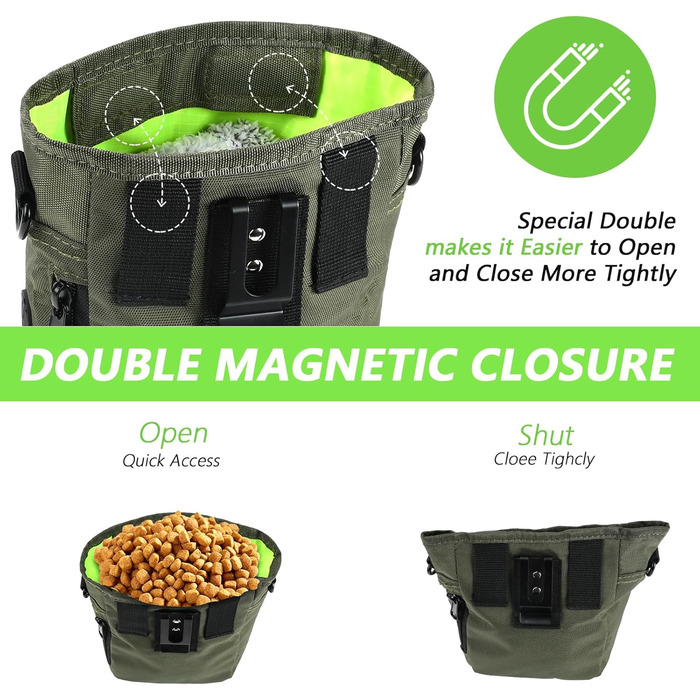 Сумка для ласощів для собак з магнітною застібкою, сумка для тренування тварин, велика сумка для ласощів та клікер для собак, сумка для тренування з інтегрованим зеленим кольором
