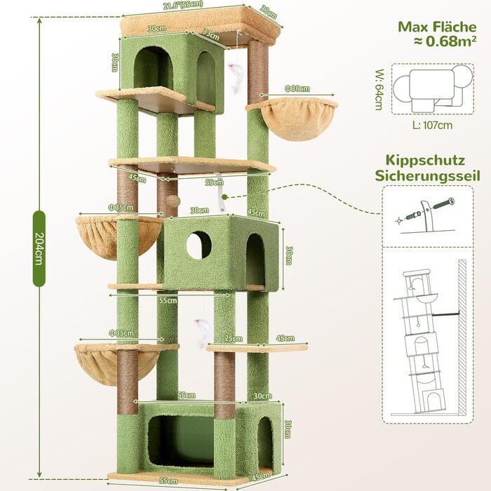 Драбина для котів Globlazer 204 см з 3 будиночками, 2 великими платформами, 3 м'якими кошиками, стабільна, для 3-5 котів, відпочинок, ігри, дряпання, зелений (XXL)