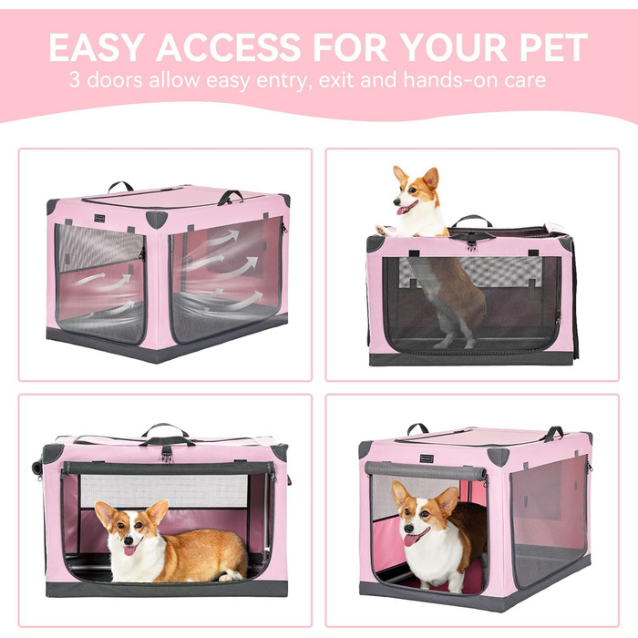 Складана переноска для собак Petsfit M, рожева, для авто і дому, з тканинним чохлом та 3 дверима, для середніх порід