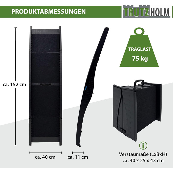 Рампа для собак TRUTZHOLM, складна, до 75 кг, антиковзаюча поверхня, допомога при завантаженні, чорна (трисекційна)