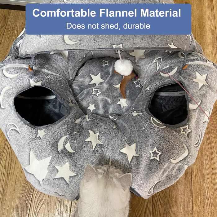 Кішка ліжко з підсвіткою, великий плюшевий тунель для котів з м'ячиком, велика шуршача печера для котів, іграшка для котів, кроликів або цуценят, сірий колір + світиться в темряві