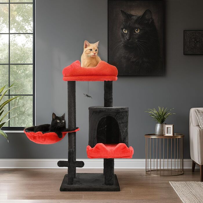 Котячий комплекс Gothic Halloween: стійка кімната з ліжком, будиночком та когтеточками, 84.5 см (Чорний/Червоний)