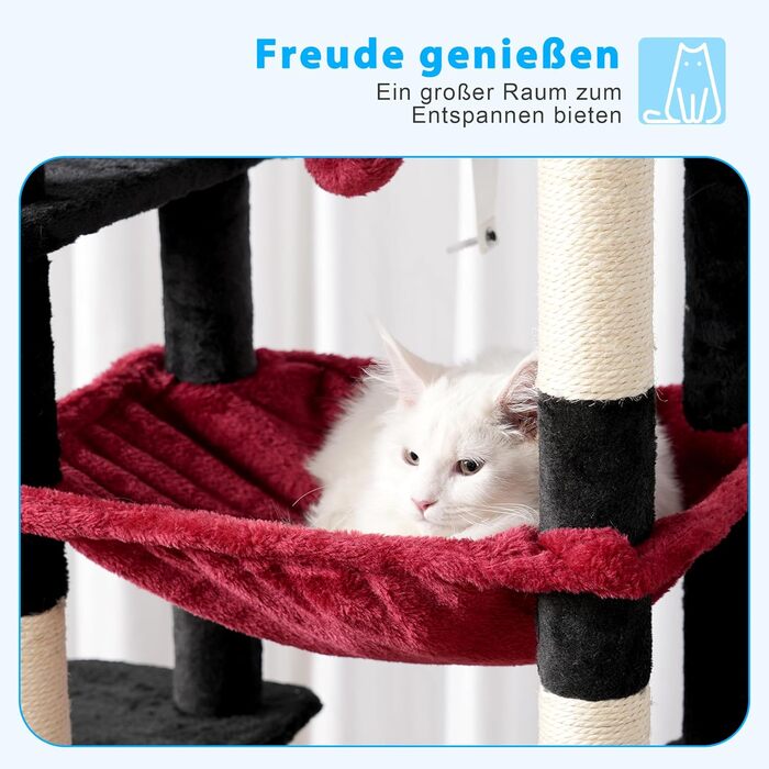 Котячий будиночок Hey-brother Kratzbaum: багатоярусний, 145 см, з лежаком, гамаком та кошиком (червоно-чорний)