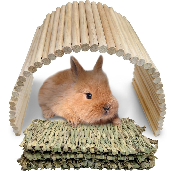 Дерев'яна драбина для кроликів та шиншил з 3 трав'яними килимками Hamiledyi, іграшка для гризунів, тунель/притулок/рампа, роздільник, килимки для кроликів, 26.4x7.9+3 шт.