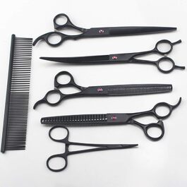Набір професійних ножиць для грумінгу тварин QUNINE: ножиці для стрижки, гребінець, чорний колір, прямі та вигнуті леза