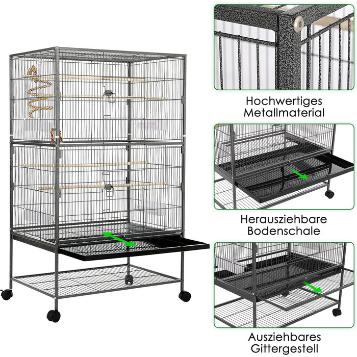 Клітка для птахів велика, металева, на 4 колесах, для хвилястих попугаїв з годівницею, іграшками, гойдалкою, 2 дверцятами, 4 дерев'яними перекладинами, 132 x 78 x 52 см