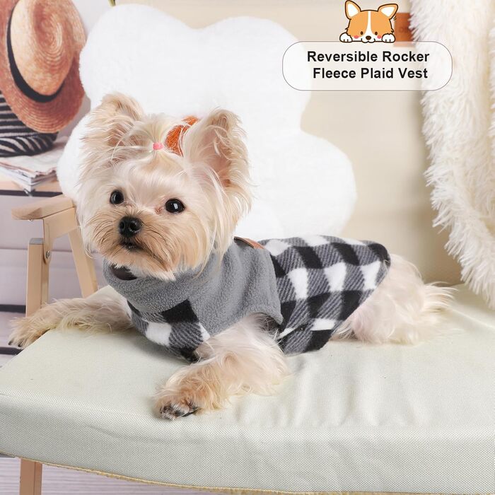 Флісова жилетка для собак Kosiyi, теплий собачий светр з отвором для повідка, одяг для домашніх тварин, легкий собачий халат для маленьких собак, хлопчиків та дівчаток, на осінь та зиму, в клітинку, сірий, розмір XX-Small