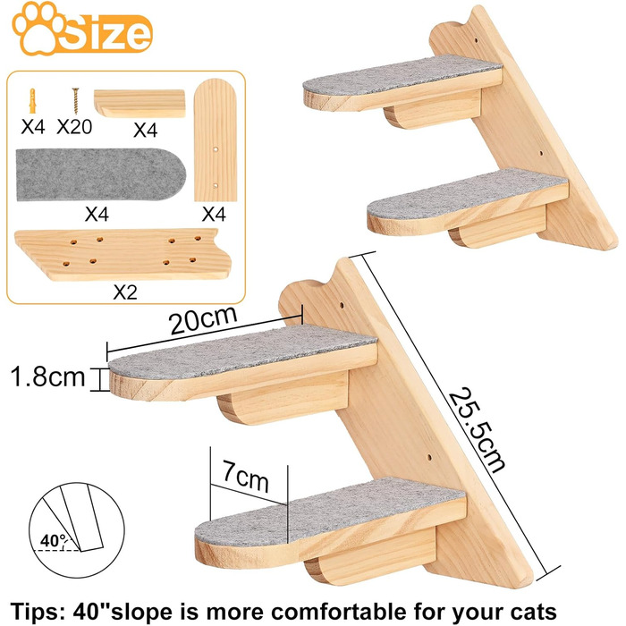 Кігтечка-полиця для котів WandMontierte Katze, дерев'яна, 4 сходинки, з плюшем, для лазіння, сну та ігор