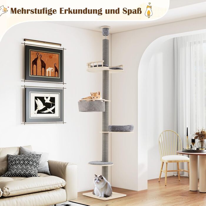 Кігтеточка GOPLUS висока до стелі, 236-271 см, 5 поверхів, з платформами, подушками, гамаком, кігтеточками та захистом від перекидання, сірого кольору