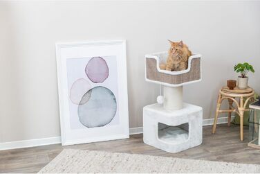 Когтеточка для котів TRIXIE AVA XXL 86,1 см з товстим стовпом, котячим будиночком, м’якою верхньою платформою з знімною подушкою, іграшкою, коричнево-біла