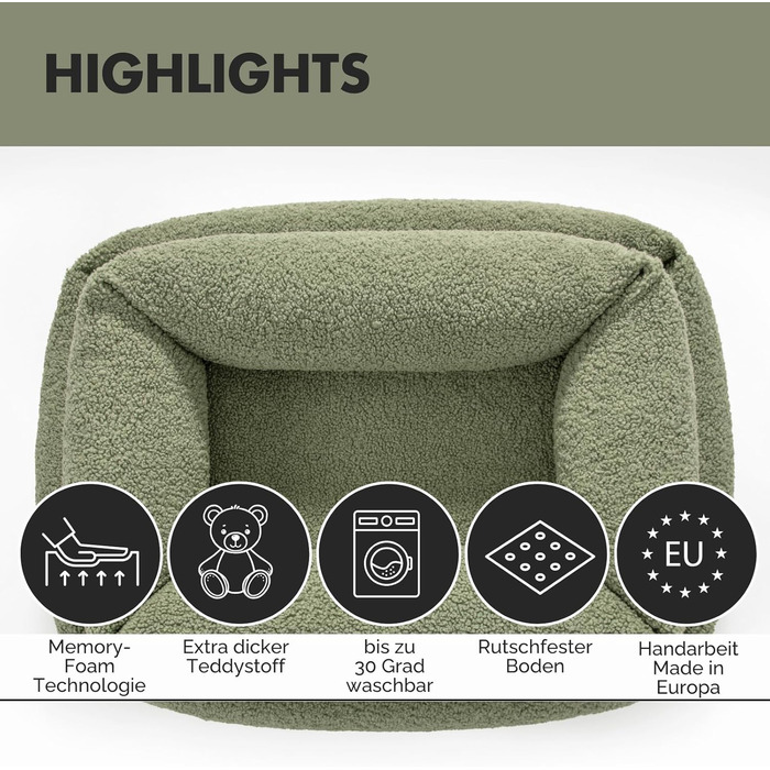 PAW WOW Sven: Ортопедичне ліжко для собак | З м'якої тканини-тедді | Для маленьких, середніх та великих собак (Оливковий, 80x60 см)