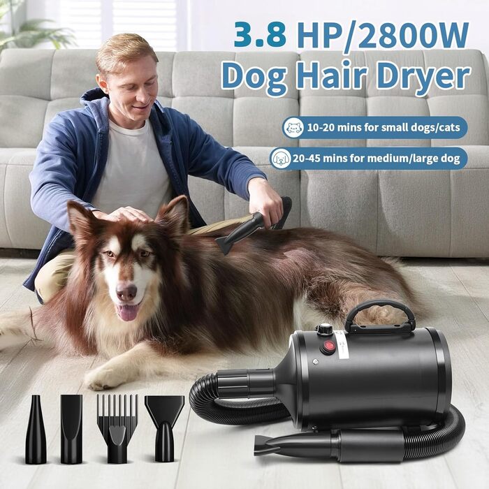 Фен для собак, 2800W, регулювання швидкості та температури, тихий, 4 насадки, для професійного та домашнього використання (Чорний)