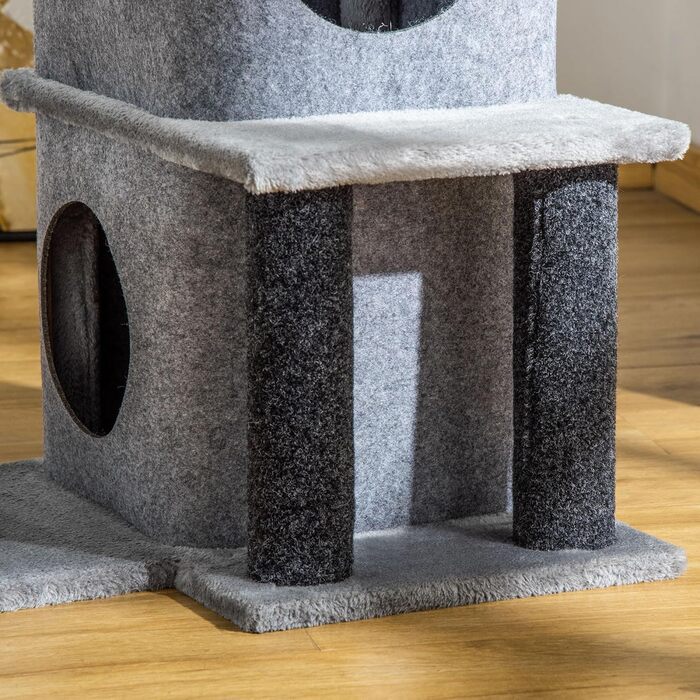 Дряпка для котів PawHut Cosy Chic, багатофункціональний ігровий комплекс з будиночком, платформами, лежаком і ігровим м'ячем, знімний та миючий фетровий плед, плита ДСП, плюш, 48x48x100 см, сірий