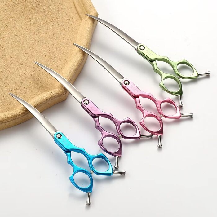 Професійна вигнута коса для грумінгу собак 16,5 см, 440C, нержавіюча сталь, з ручкою з алюмінію (рожева, вигнута)