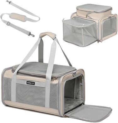 Сумка-переноска для котів та маленьких собак, схвалена авіакомпаніями, дихаюча та складана, для подорожей, бартагаме, цуценят, підвісна переноска (Хакі, розширювана)