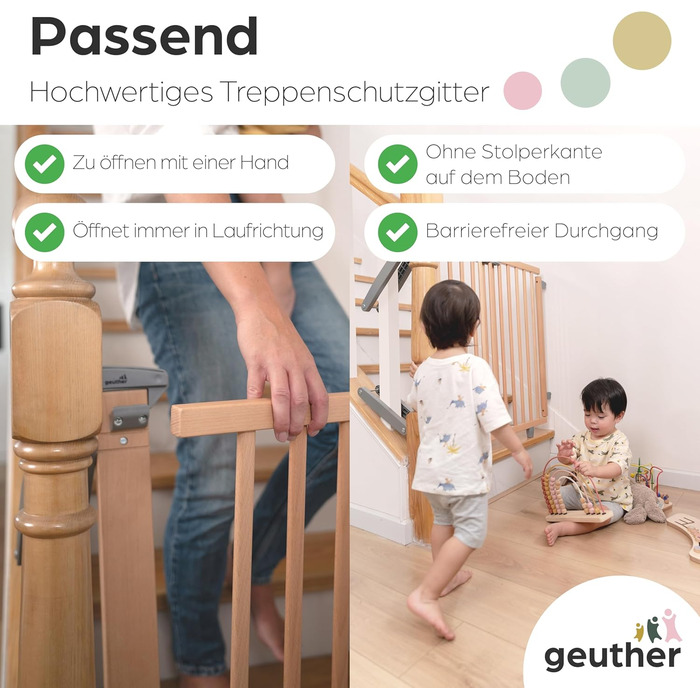 Захист для сходів Geuther Oris | Дверний захист для сходів з кріпленням, ширина 67-95 см | Стабільний захист з розпашною дверцятами | Дерев'яне дитяче гiтер, натуральний лак 67-95 см