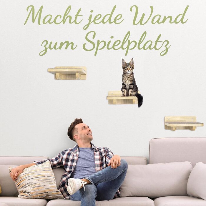 WOOWOOD® Комплект для лазіння котів: драбинка для котів на стіну, 3 входи, світле дерево, XL розмір