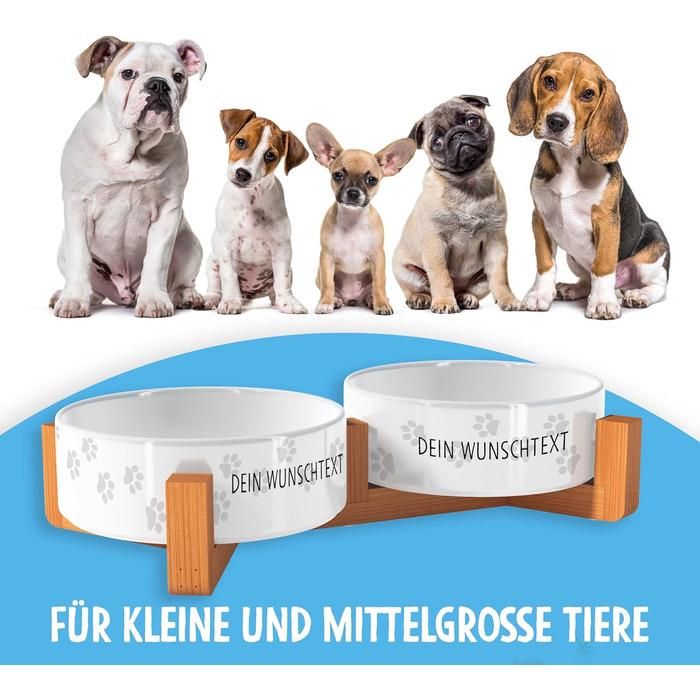 Персоналізована годівниця для собак OWLBOOK з іменем або текстом, подвійний набір мисок з кераміки та бамбуковим каркасом, 300 мл