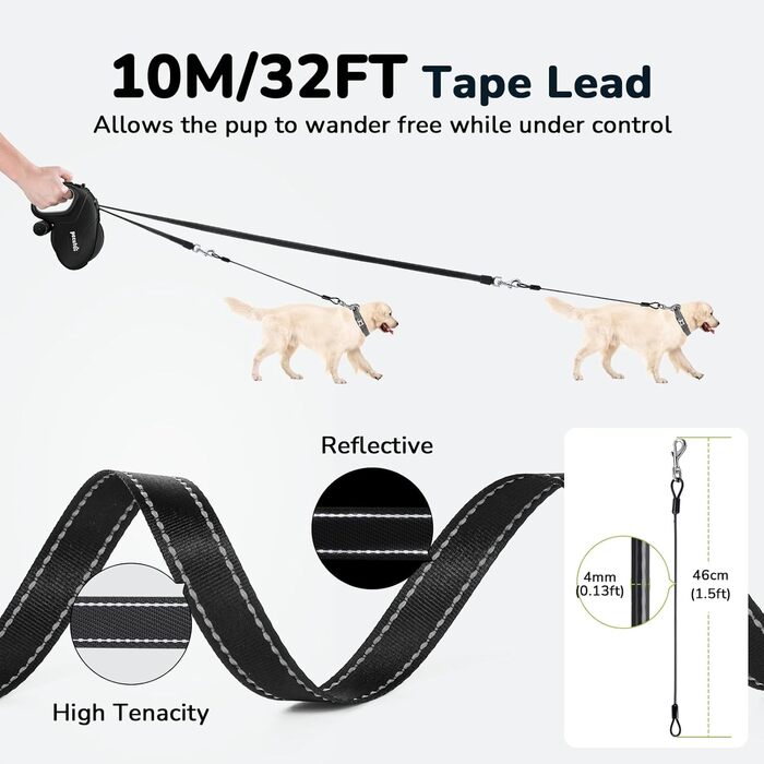 Рулетка для собак Pecute 8м, 360° поворот, антиковзний руків'я, швидка зупинка, до 50 кг, зелений/чорний