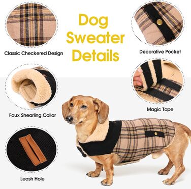 Теплий зимовий одяг для собак: флісовий зимовий одяг, куртка для маленьких, середніх та великих собак. Тепла куртка-пуловер для собак з отвором для повідка, підходить для активного відпочинку в приміщенні та на вулиці. Колір: бежевий, візерунок: в клітинк