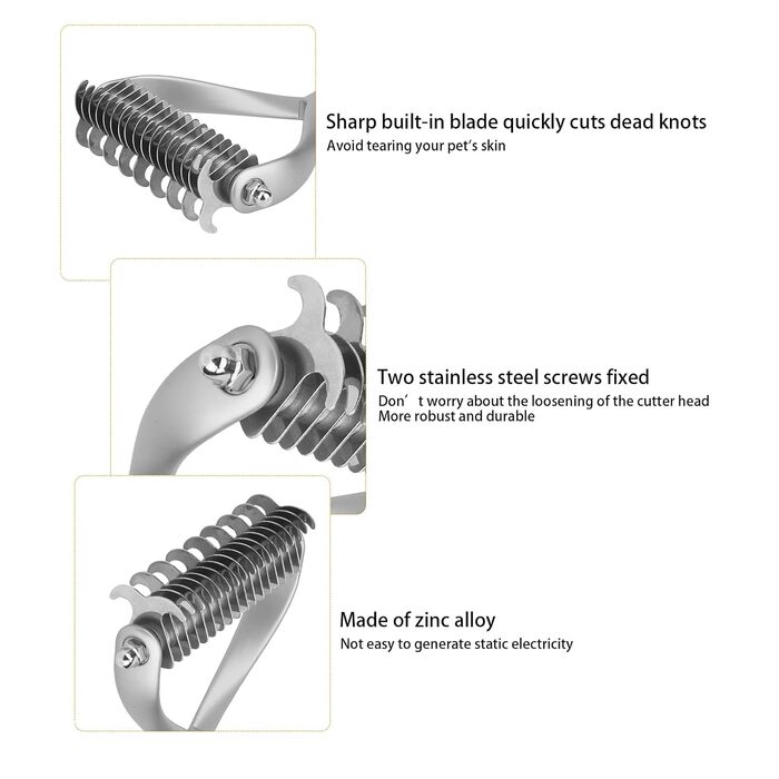 Інструмент для догляду за шерстю: двосторонній гребінець для підшерстка, щітка для цуценят та котів, гребінець з гострими зубцями для видалення ковтунів та відмерлого хутра (сріблястий)