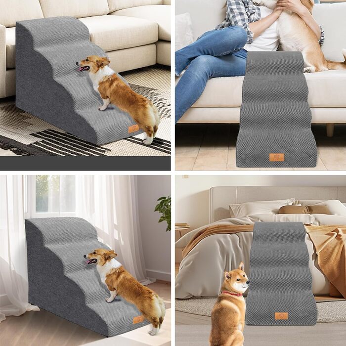 Сходинка для собак Masthome: 3 сходинки, 40 см, для маленьких собак та котів, сіра (губка)