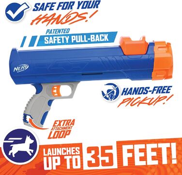 Іграшка для собак Nerf Dog 30,5 см Blaster без кліпу, з 3-ма пищащими тенісними м'ячами 5,1 см, непрозорий синій/оранжевий/сірий, оранжевий/синій/зелений