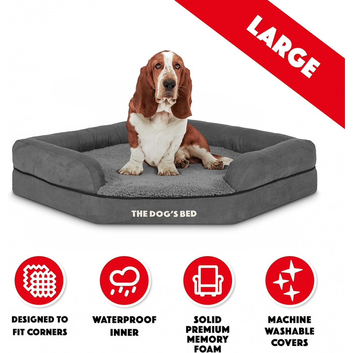 Ортопедичне ліжко для собак з memory foam, водонепроникне, кутове, середнього розміру, чорний плюш, для собак з артритом та дисплазією кульшових суглобів, терапевтичне та підтримуюче