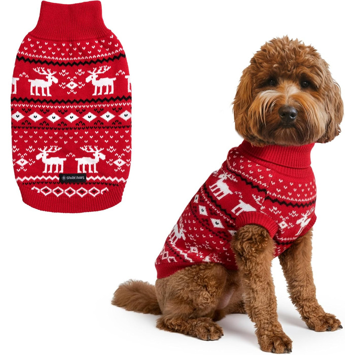 Теплий зимовий пуловер для собак Spark Paws – ультрам'який, для маленьких, середніх та великих собак, еластичний, для Французьких бульдогів, пітбулів, сук та самців (Dasher Red, 2XL: 16-25кг)