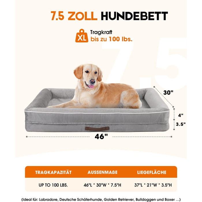 Ортопедичне ліжко для собак XL, корзина для собак, що можна прати, з піною у формі яйця, вологостійкий диван для собак з неслизьким дном та чотиристоронньою подушкою (світло-сірий, 117x76x19 см)