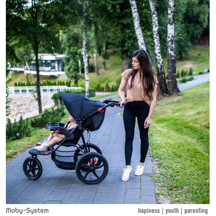 Дитяча коляска Moby-System Runner Mountain 3-колісна з дощем, вантажопідйомність 15 кг, комплект аксесуарів, 5-точкова система ременів, відбивачі, віконце та кошик для речей - Чорний