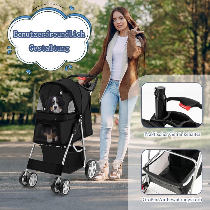 Візок для тварин GYMAX: розкладний візок для котів/собак до 15 кг, з кошиком для зберігання, захистом від дощу та сіткою, 4 колеса, чорний