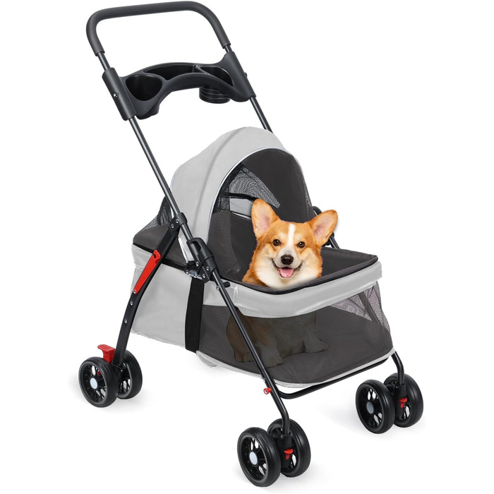 Візок для тварин для маленьких собак та котів, складаний, сірий, з поворотними колесами та регульованим капюшоном