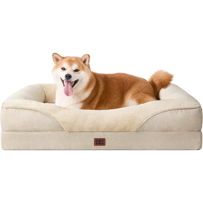 Ортопедичне ліжко для собак середніх порід EHEYCIGA, 91x68x17.5 см, Memory Foam, водонепроникне, з бортиками, антиковзаюче, бежеве