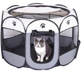 Клітка-вигул для цуценят та дрібних тварин 74x74x43 см – складана клітка для собак та котів – сірого кольору з принтом лапи