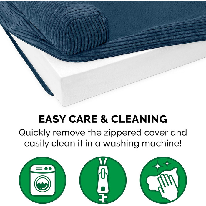 Ортопедичне ліжко для собак Furhaven Jumbo Plus/XXL: велике, з підголовником та знімним чохлом, до 56,7 кг, фліс та корд, Marineblau (135x107x24 см)
