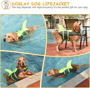 Жилет для плавання собак Doglay з принтом акули, середній розмір, зелений. Забезпечує плавучість та безпеку під час купання та відпочинку на воді.