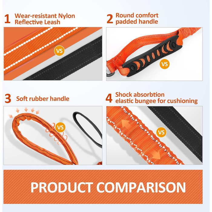 Леєчка для собак IOKHEIRA, регульована (1,2-1,5 м) з надійним кріпленням, комфортна ручка та світловідбиваючі нитки (неоновий зелений, полум'яно-помаранчевий)