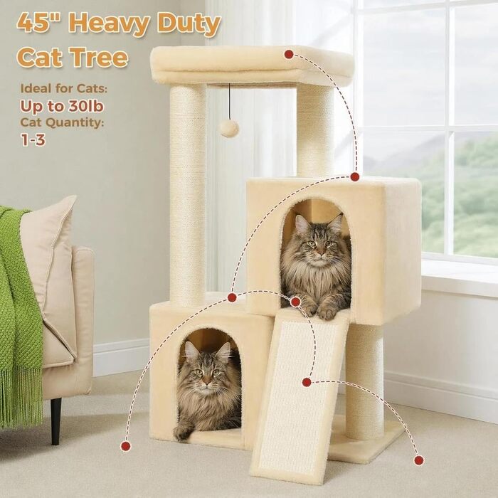 Дряпачка для котів PAWZ Road 114 см, міцний ігровий комплекс з двома будиночками, бежевий