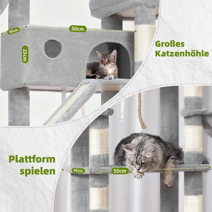 Великий котячий будиночок Kratzbaum GCT031W 200 см сірий: кігтеточка, платформа, гамак, печери для котів