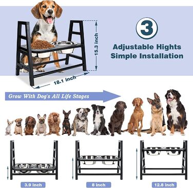 Підставка для годівлі собак з регулюванням висоти, дерев'яна, з двома мисками з нержавіючої сталі, нахил 15°, регулювання по висоті в 3 положеннях