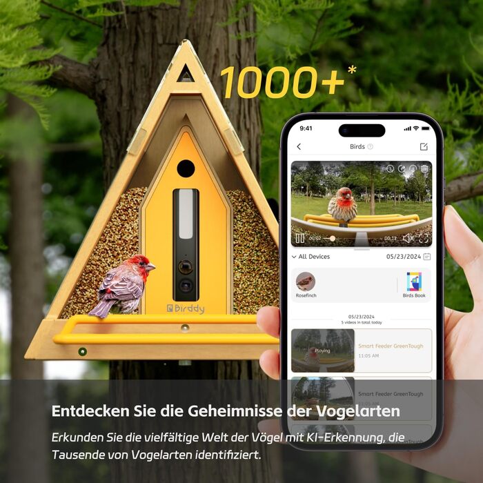 Birddy Оригінальна смарт годівниця для птахів із камерою, сонячна панель, міцний матеріал, GreenTough, з камерою спостереження, ІІ-ідентифікація, пряма трансляція