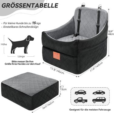 Автокрісло для собак GL GLENSLAVE для маленьких та середніх порід, з товстим шаром підкладки до 16 кг, знімний, пральний авточохол для тварин (чорний/коричневий, чорний/сірий)