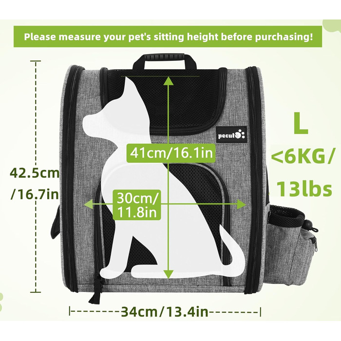 Рюкзак для тварин Pecute з сітчастим вікном, переноска для кота/собаки, дихаюча та легка, водонепроникна, сірий, M