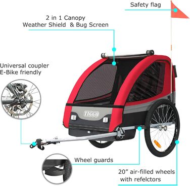 Дитячий причіп Tiggo 2 в 1: причіп-велосипед для прогулянок та катання (червоний)