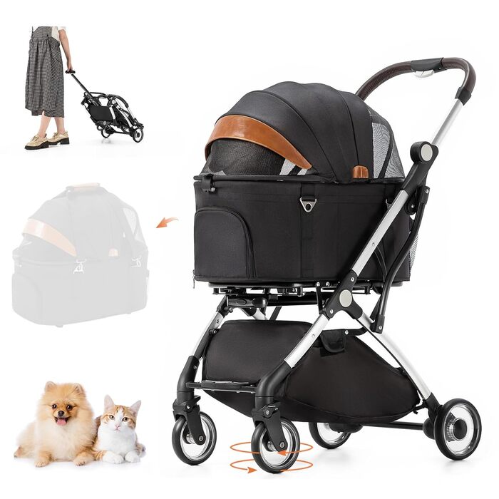 Візок для собак 3 в 1, до 15 кг, чорний. Складаний візок для собак і котів з сумкою-переноскою та дощовиком