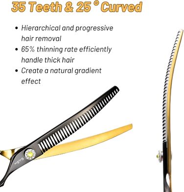 Професійна вигнута ножиці для грумінгу домашніх тварин 7.5 дюймів (25 градусів), 35 зубів, розрідження 65%, Gold High-End