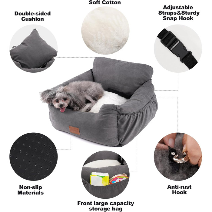 Автокрісло для собак маленьких порід, миється та стійке до плям. Зручне автокрісло з високоякісної тканини з кишенею для зберігання. Супер м'яка бавовна PP (сірий, середній)